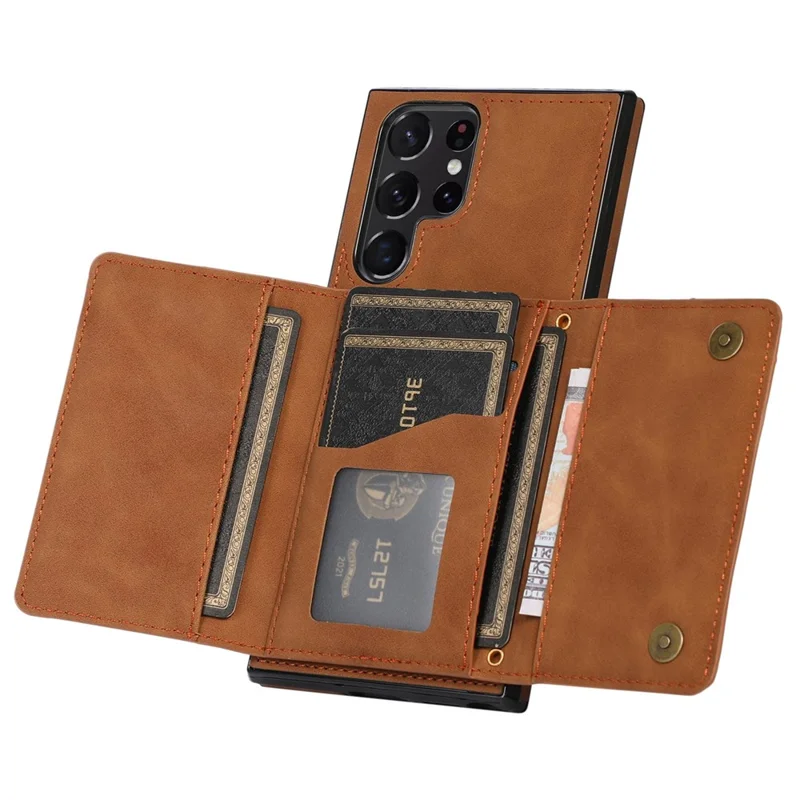 For Samsung Galaxy S22 Ultra 5G Foldable Wallet Design Leather Coated TPU Phone Case Shockproof Mobile Phone Shell - Brown