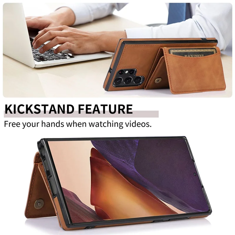 For Samsung Galaxy S22 Ultra 5G Foldable Wallet Design Leather Coated TPU Phone Case Shockproof Mobile Phone Shell - Brown
