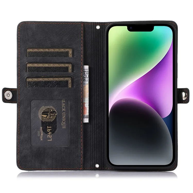 Für Das Iphone 14 Max 6,7 Zoll Reißverschluss Taschenentwurf Handy Brieftasche Hülle 9 Kartensteckplätze PU Lederständer Mit Handgelenkriemen - Schwarz
