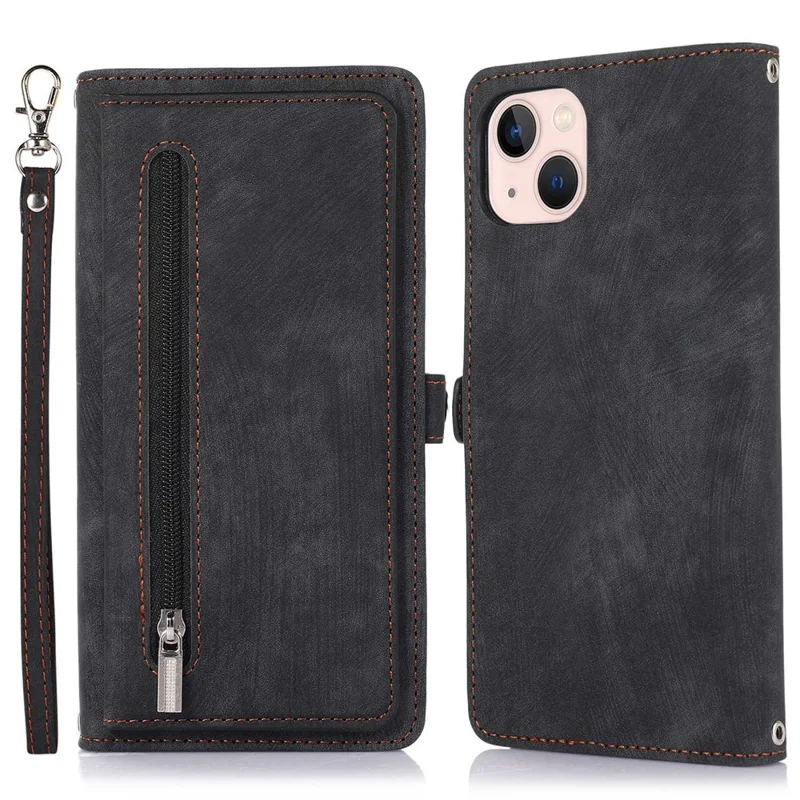For iPhone 13 6.1 inch Zipper Pocket Design 9 Card Slots Protective Cover PU Leather Wallet Stand Case with Wrist Strap - Black