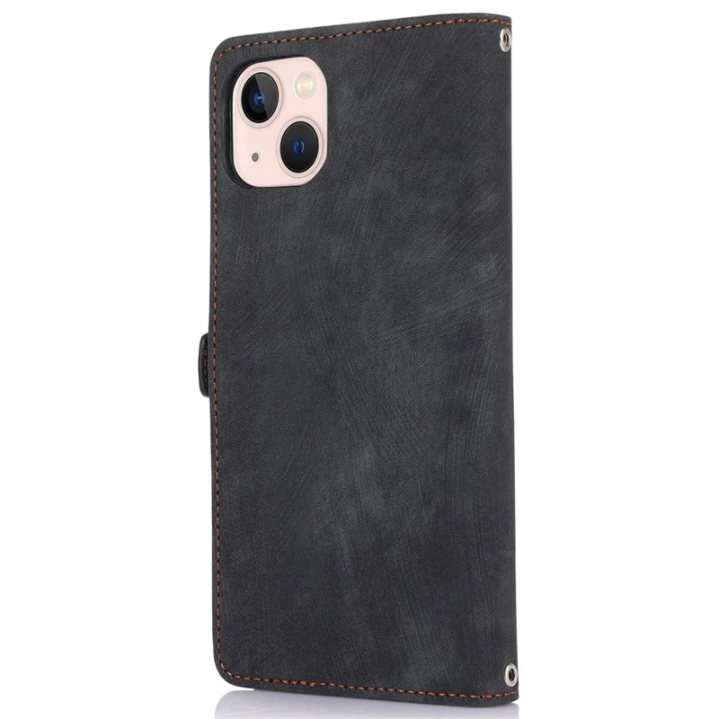 For iPhone 13 6.1 inch Zipper Pocket Design 9 Card Slots Protective Cover PU Leather Wallet Stand Case with Wrist Strap - Black