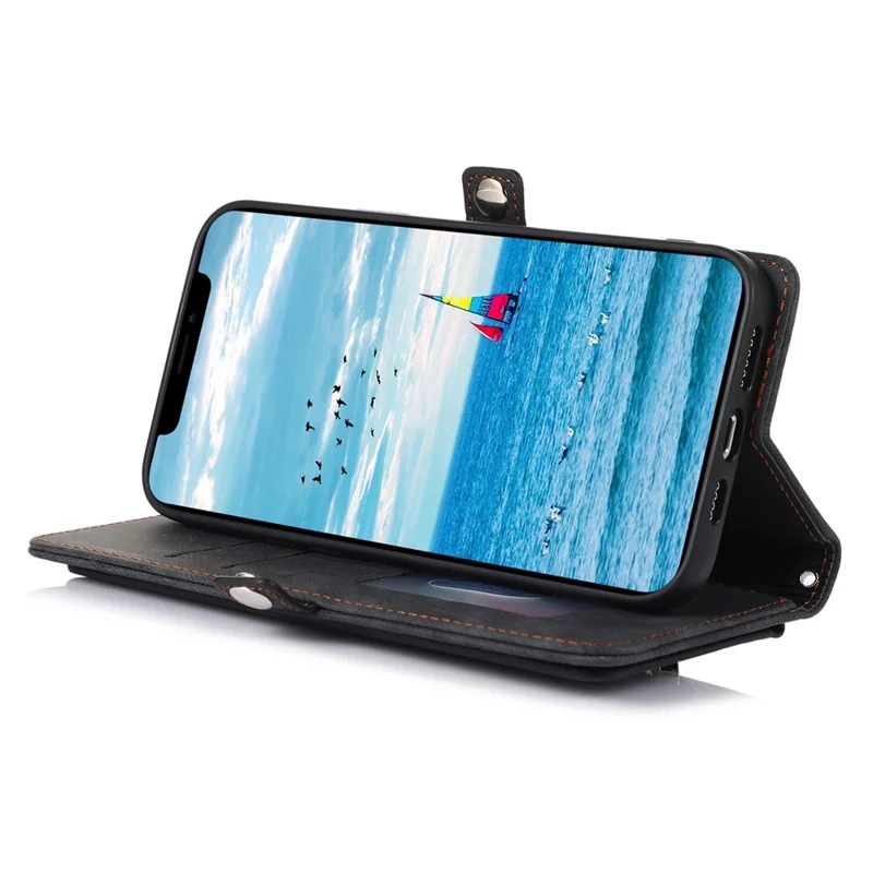 For iPhone 13 6.1 inch Zipper Pocket Design 9 Card Slots Protective Cover PU Leather Wallet Stand Case with Wrist Strap - Black
