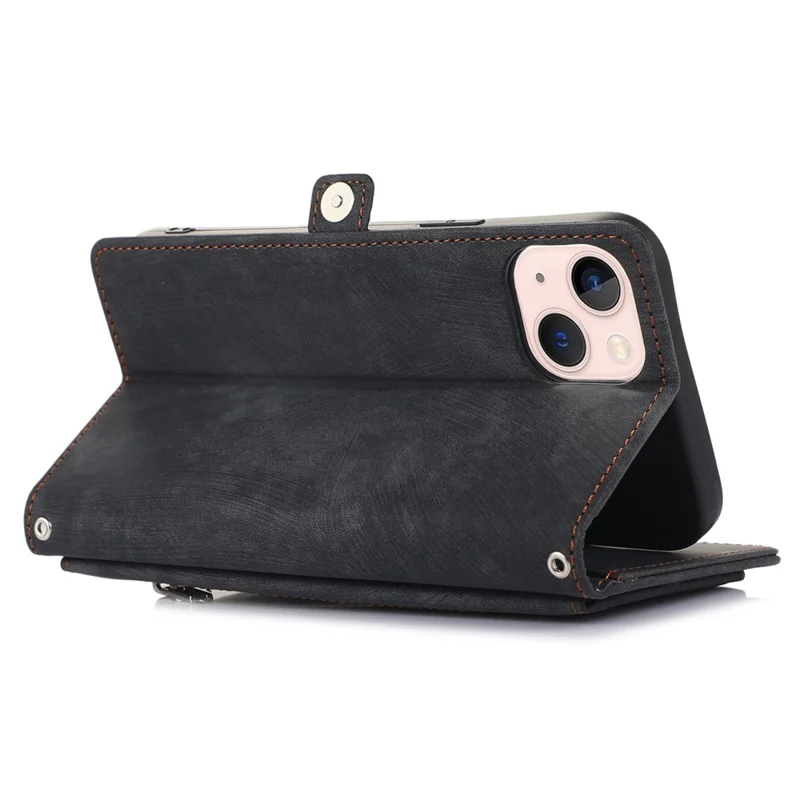 For iPhone 13 6.1 inch Zipper Pocket Design 9 Card Slots Protective Cover PU Leather Wallet Stand Case with Wrist Strap - Black