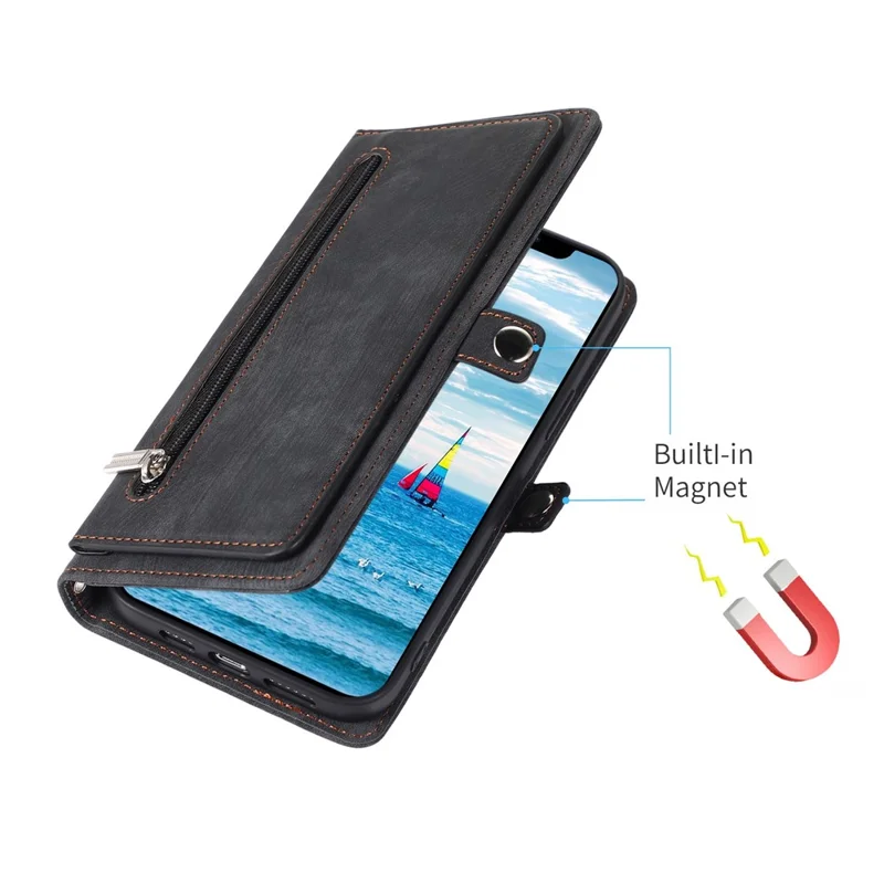 For iPhone 13 6.1 inch Zipper Pocket Design 9 Card Slots Protective Cover PU Leather Wallet Stand Case with Wrist Strap - Black