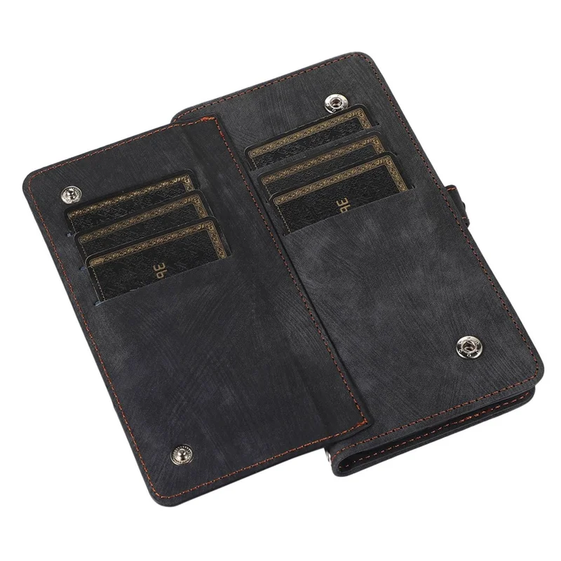 For iPhone 13 6.1 inch Zipper Pocket Design 9 Card Slots Protective Cover PU Leather Wallet Stand Case with Wrist Strap - Black