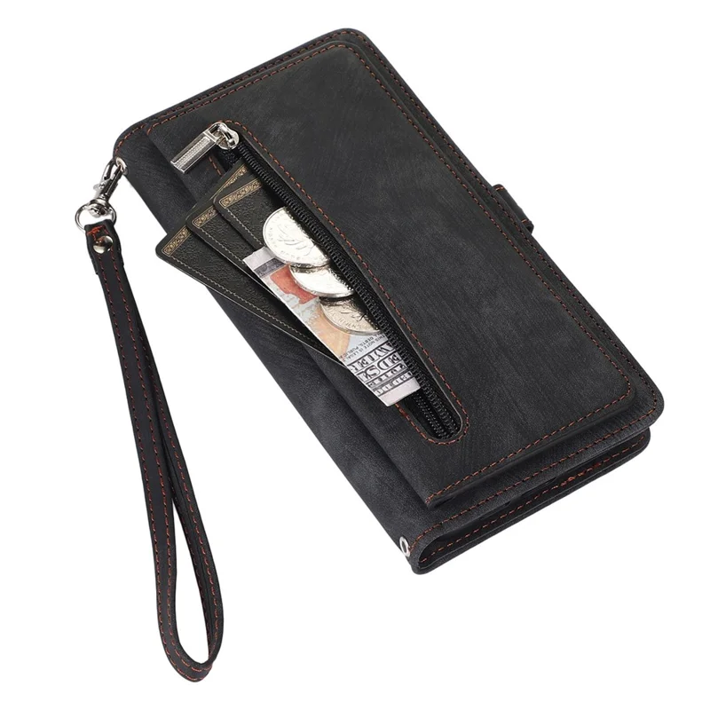 For iPhone 13 6.1 inch Zipper Pocket Design 9 Card Slots Protective Cover PU Leather Wallet Stand Case with Wrist Strap - Black