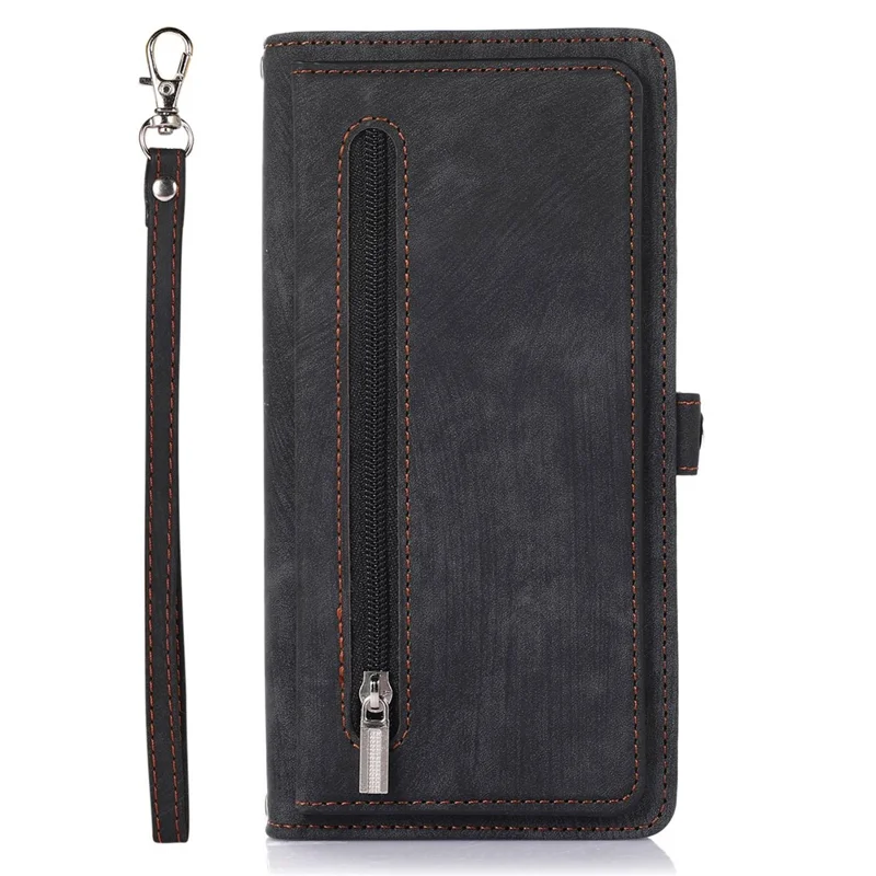 For iPhone 13 6.1 inch Zipper Pocket Design 9 Card Slots Protective Cover PU Leather Wallet Stand Case with Wrist Strap - Black