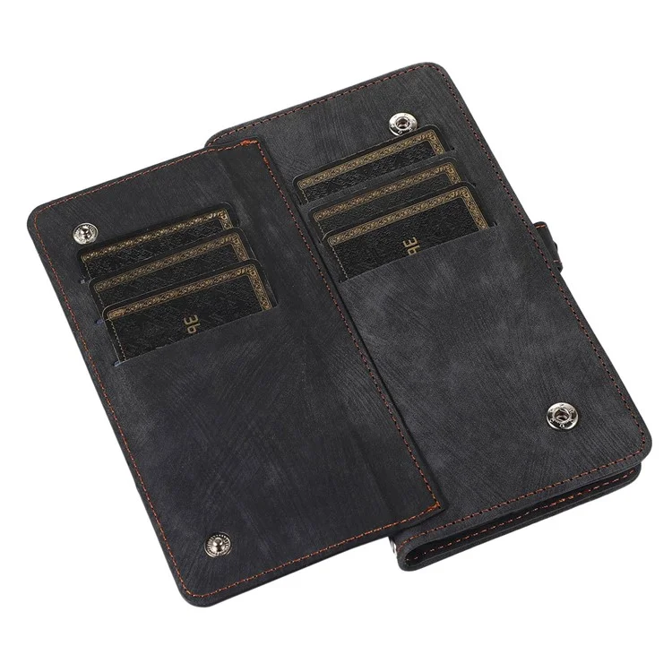 Pour iPhone 14 6.1 pouces Design de poche Zip 9 emplacements pour cartes Étui portefeuille téléphone Étui en cuir PU Support antichoc Avec dragonne - Noir