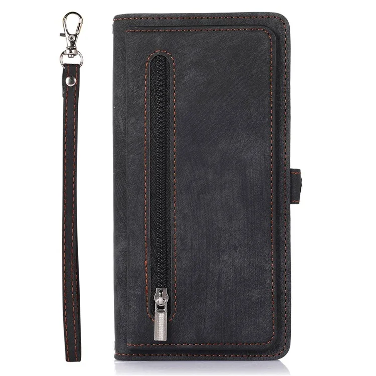 Pour iPhone 14 6.1 pouces Design de poche Zip 9 emplacements pour cartes Étui portefeuille téléphone Étui en cuir PU Support antichoc Avec dragonne - Noir