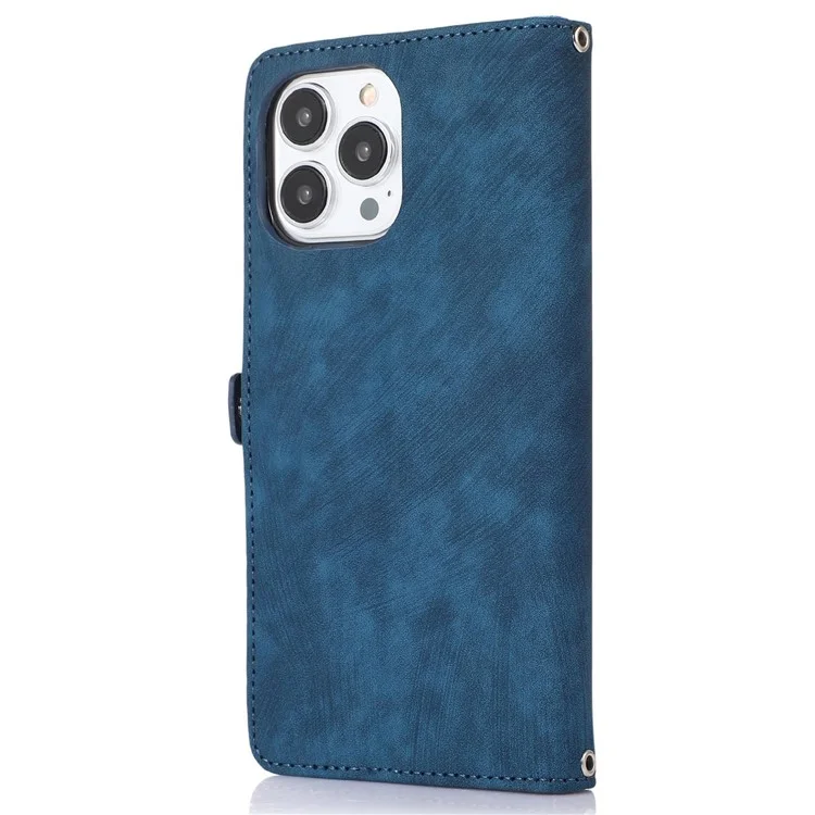 Für Iphone 14 Pro 6.1 Zoll 9 Kartensteckplätze Reißverschluss Taschenentwurf Telefon Hülle PU Leder-ständer Brieftasche Anti-drop-abdeckung Mit Handgelenkriemen - Blau
