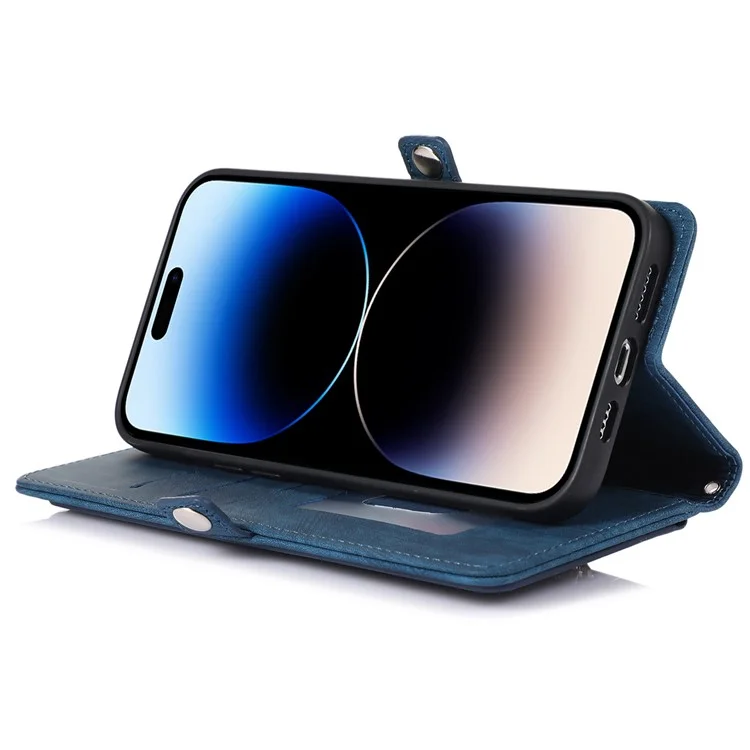 Für Iphone 14 Pro 6.1 Zoll 9 Kartensteckplätze Reißverschluss Taschenentwurf Telefon Hülle PU Leder-ständer Brieftasche Anti-drop-abdeckung Mit Handgelenkriemen - Blau
