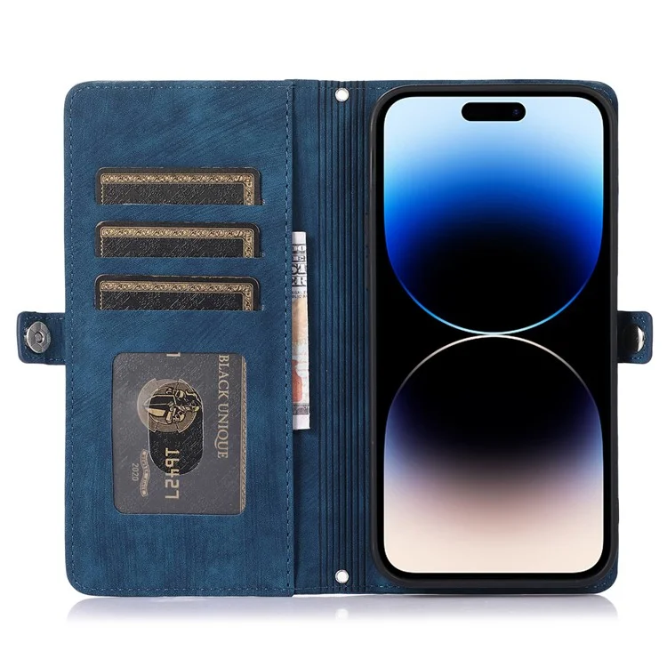 Für Iphone 14 Pro 6.1 Zoll 9 Kartensteckplätze Reißverschluss Taschenentwurf Telefon Hülle PU Leder-ständer Brieftasche Anti-drop-abdeckung Mit Handgelenkriemen - Blau
