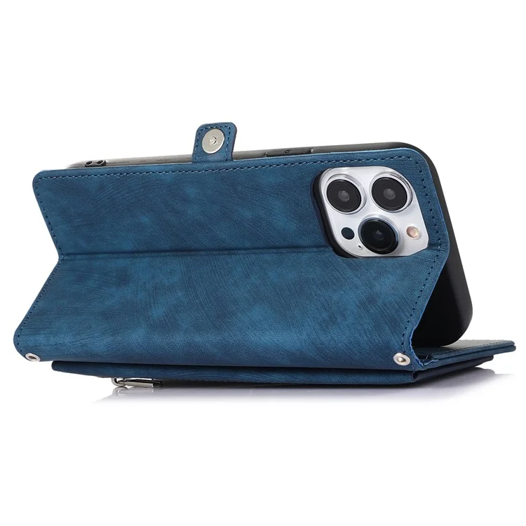 Für Iphone 14 Pro 6.1 Zoll 9 Kartensteckplätze Reißverschluss Taschenentwurf Telefon Hülle PU Leder-ständer Brieftasche Anti-drop-abdeckung Mit Handgelenkriemen - Blau