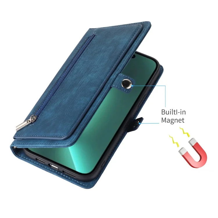 Für Iphone 14 Pro 6.1 Zoll 9 Kartensteckplätze Reißverschluss Taschenentwurf Telefon Hülle PU Leder-ständer Brieftasche Anti-drop-abdeckung Mit Handgelenkriemen - Blau
