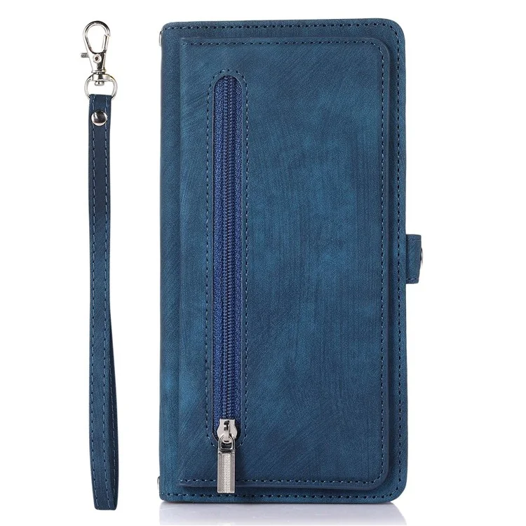 Für Iphone 14 Pro 6.1 Zoll 9 Kartensteckplätze Reißverschluss Taschenentwurf Telefon Hülle PU Leder-ständer Brieftasche Anti-drop-abdeckung Mit Handgelenkriemen - Blau