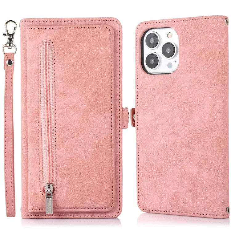 Для Iphone 13 Pro 6,1 Дюйма на Молнии Карманного Кошелька Flip Case 9 Scard Slots PU - Розовое Золото
