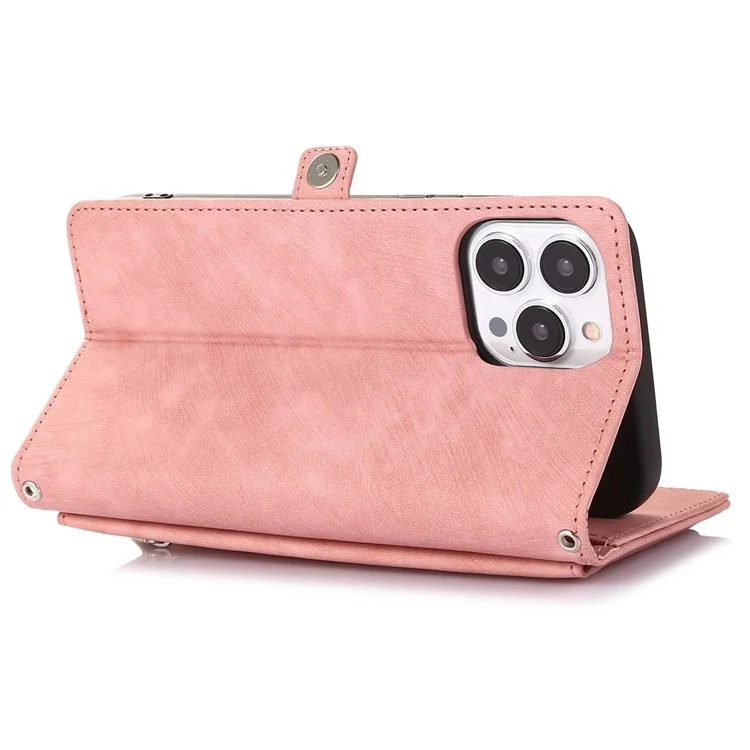 Для Iphone 13 Pro 6,1 Дюйма на Молнии Карманного Кошелька Flip Case 9 Scard Slots PU - Розовое Золото