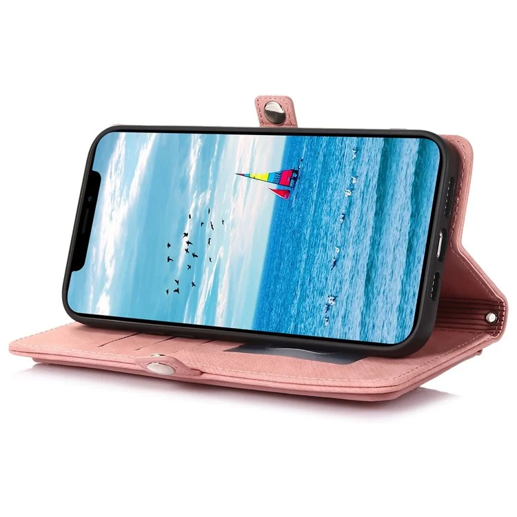 Для Iphone 13 Pro 6,1 Дюйма на Молнии Карманного Кошелька Flip Case 9 Scard Slots PU - Розовое Золото
