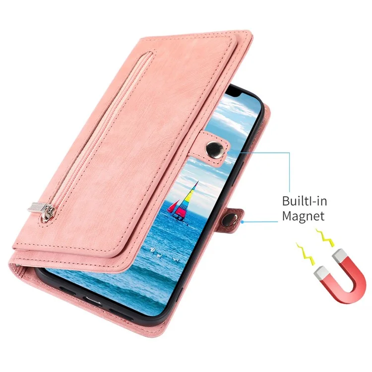 Для Iphone 13 Pro 6,1 Дюйма на Молнии Карманного Кошелька Flip Case 9 Scard Slots PU - Розовое Золото