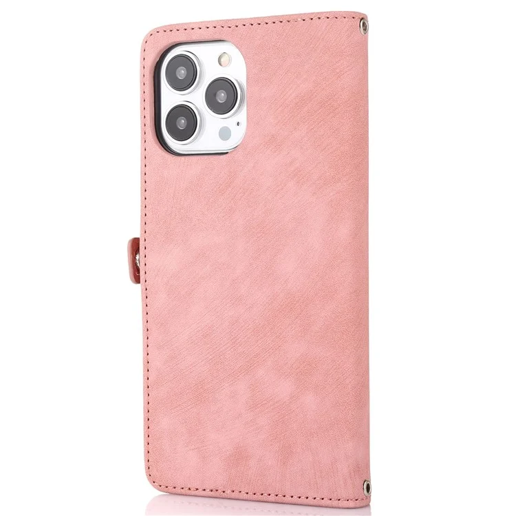 Для Iphone 13 Pro 6,1 Дюйма на Молнии Карманного Кошелька Flip Case 9 Scard Slots PU - Розовое Золото