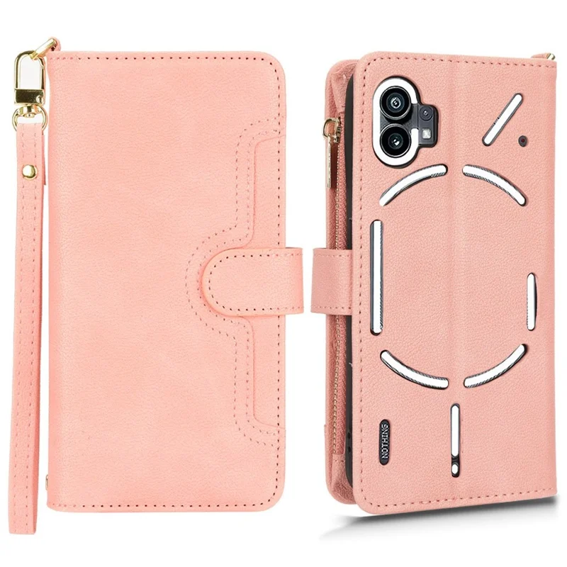 For Nothing phone (1) 5G Zipper Pocket Phone Case PU Leather Stand Wallet Cover with Hand Strap and Shoulder Strap - Pink