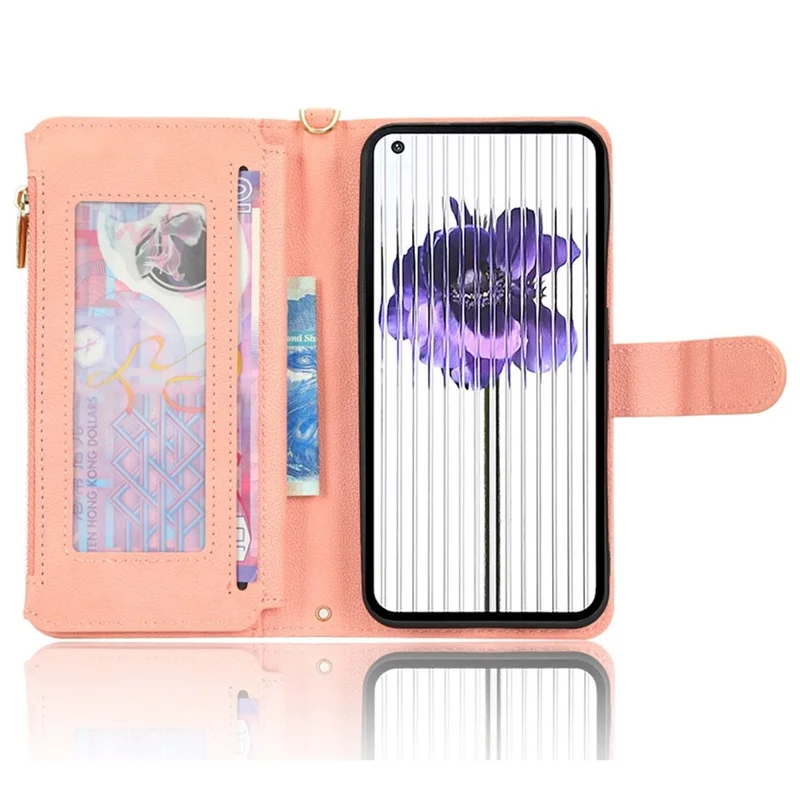 For Nothing phone (1) 5G Zipper Pocket Phone Case PU Leather Stand Wallet Cover with Hand Strap and Shoulder Strap - Pink