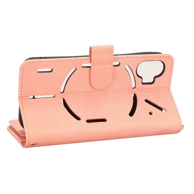 For Nothing phone (1) 5G Zipper Pocket Phone Case PU Leather Stand Wallet Cover with Hand Strap and Shoulder Strap - Pink