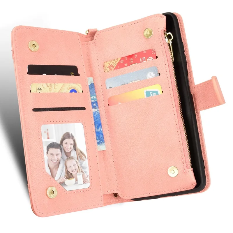 For Nothing phone (1) 5G Zipper Pocket Phone Case PU Leather Stand Wallet Cover with Hand Strap and Shoulder Strap - Pink