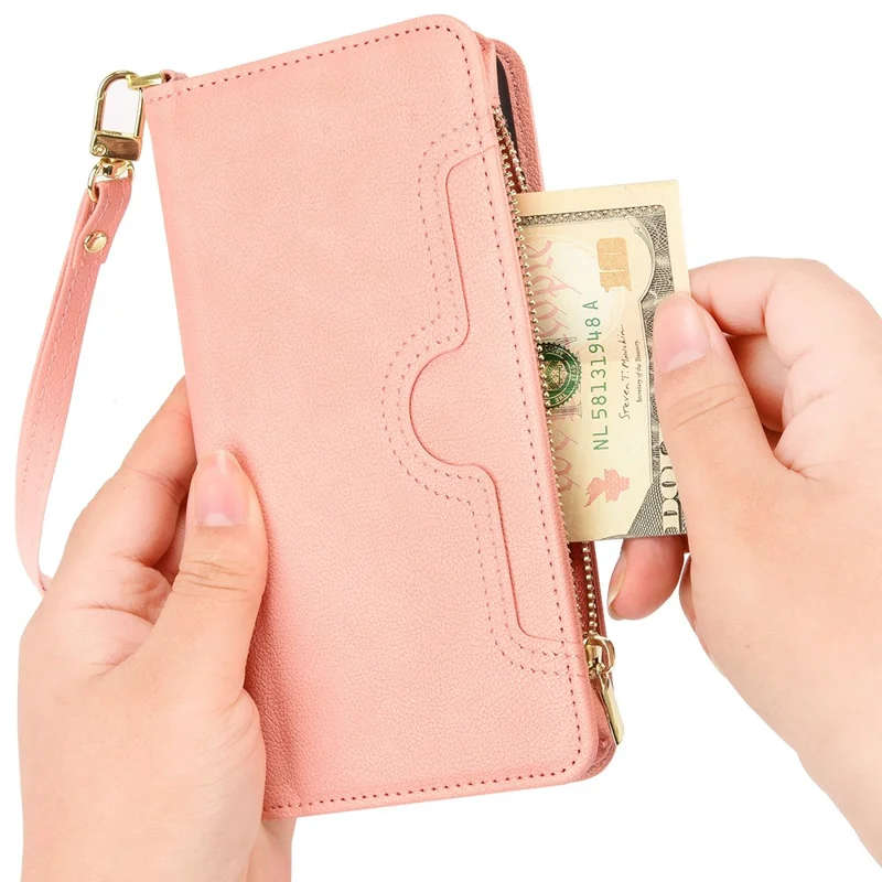 For Nothing phone (1) 5G Zipper Pocket Phone Case PU Leather Stand Wallet Cover with Hand Strap and Shoulder Strap - Pink