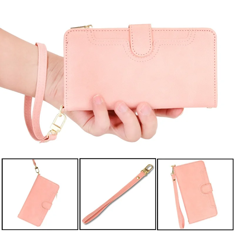 For Nothing phone (1) 5G Zipper Pocket Phone Case PU Leather Stand Wallet Cover with Hand Strap and Shoulder Strap - Pink