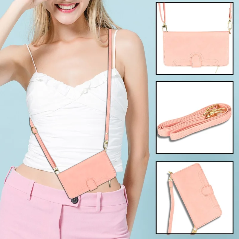 For Nothing phone (1) 5G Zipper Pocket Phone Case PU Leather Stand Wallet Cover with Hand Strap and Shoulder Strap - Pink