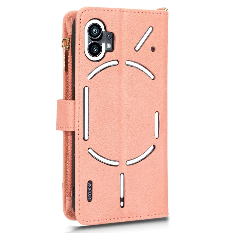 For Nothing phone (1) 5G Zipper Pocket Phone Case PU Leather Stand Wallet Cover with Hand Strap and Shoulder Strap - Pink