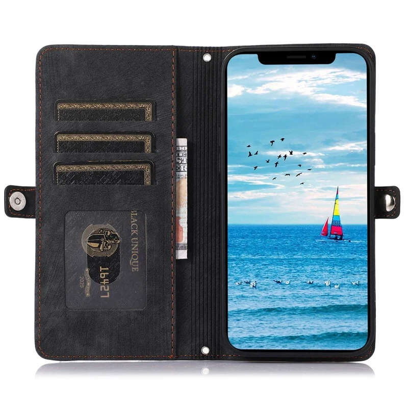 For iPhone 13 Pro Max 6.7 inch Multi-Functional 9 Card Slots Stand Protective Cover PU Leather Wallet Case with Zipper Pocket and Wrist Strap - Black