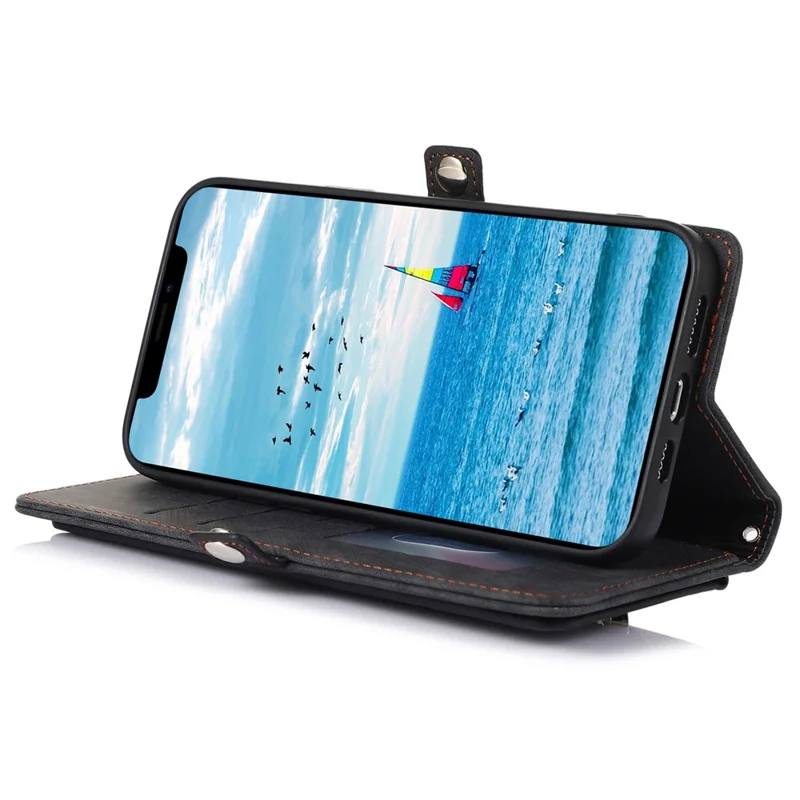 For iPhone 13 Pro Max 6.7 inch Multi-Functional 9 Card Slots Stand Protective Cover PU Leather Wallet Case with Zipper Pocket and Wrist Strap - Black