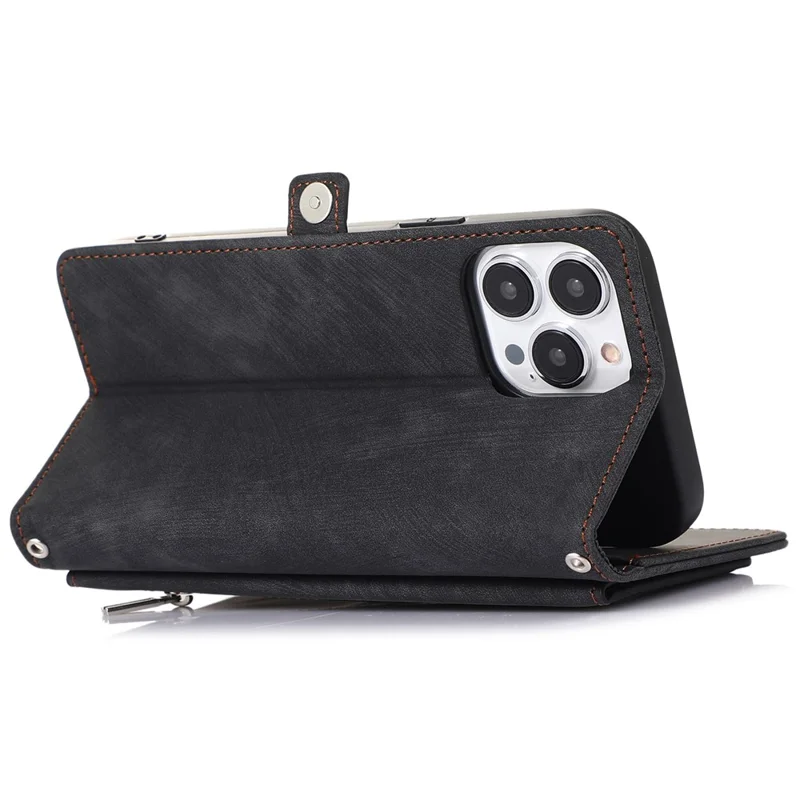 For iPhone 13 Pro Max 6.7 inch Multi-Functional 9 Card Slots Stand Protective Cover PU Leather Wallet Case with Zipper Pocket and Wrist Strap - Black