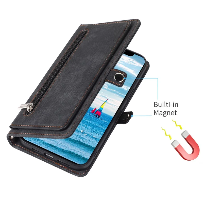 For iPhone 13 Pro Max 6.7 inch Multi-Functional 9 Card Slots Stand Protective Cover PU Leather Wallet Case with Zipper Pocket and Wrist Strap - Black