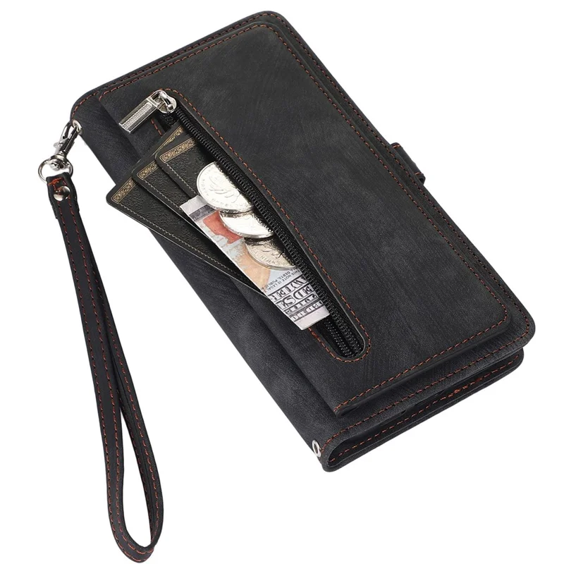 For iPhone 13 Pro Max 6.7 inch Multi-Functional 9 Card Slots Stand Protective Cover PU Leather Wallet Case with Zipper Pocket and Wrist Strap - Black