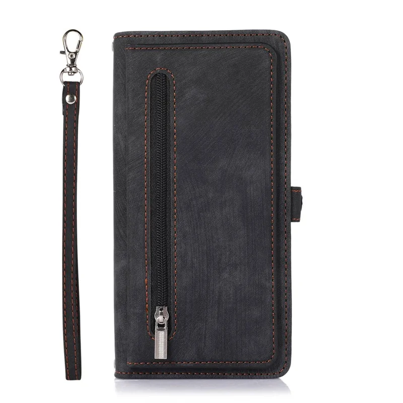 For iPhone 13 Pro Max 6.7 inch Multi-Functional 9 Card Slots Stand Protective Cover PU Leather Wallet Case with Zipper Pocket and Wrist Strap - Black