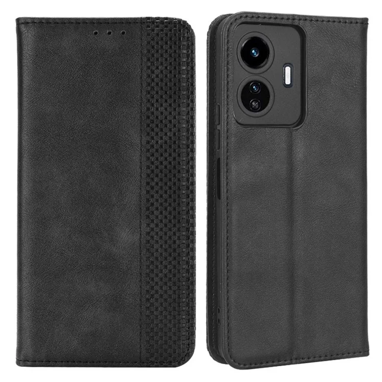 Für Vivo Y77 5g / Y77e 5G Vintage Textur Magnetisch Automatisch Absorbierte PU Leder-hülle Wallet Stand Telefonabdeckung - Schwarz