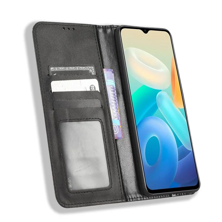 Für Vivo Y77 5g / Y77e 5G Vintage Textur Magnetisch Automatisch Absorbierte PU Leder-hülle Wallet Stand Telefonabdeckung - Schwarz