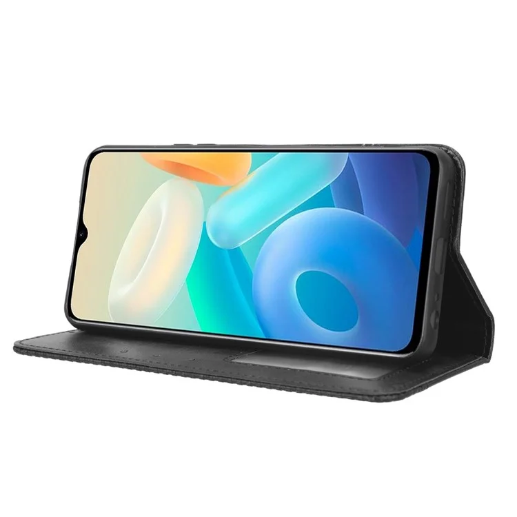 Für Vivo Y77 5g / Y77e 5G Vintage Textur Magnetisch Automatisch Absorbierte PU Leder-hülle Wallet Stand Telefonabdeckung - Schwarz