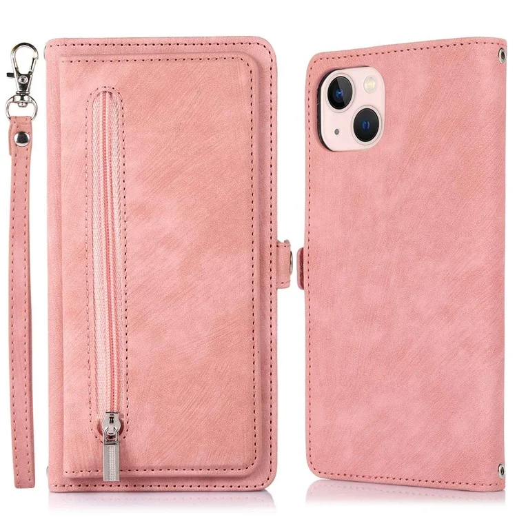 Für Iphone 13 Mini 5,4 Zoll PU Leder Brieftasche Hülle Multifunktional 9 Kartenschlitze Standschutzabdeckung Mit Reißverschluss in Tasche Und Handgelenksgurt - Roségold