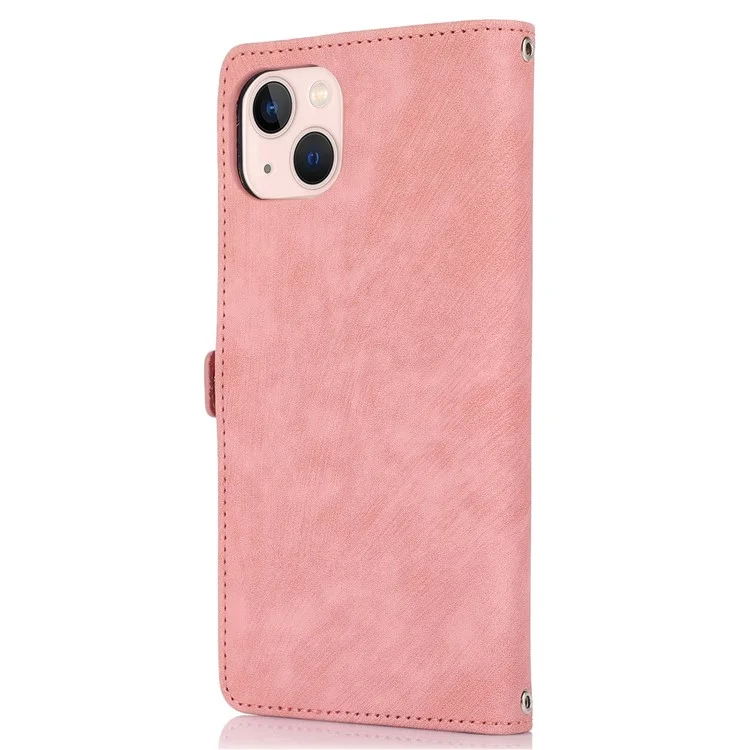 Für Iphone 13 Mini 5,4 Zoll PU Leder Brieftasche Hülle Multifunktional 9 Kartenschlitze Standschutzabdeckung Mit Reißverschluss in Tasche Und Handgelenksgurt - Roségold