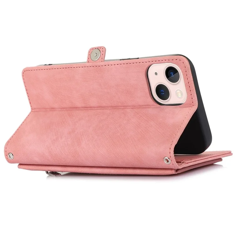 Für Iphone 13 Mini 5,4 Zoll PU Leder Brieftasche Hülle Multifunktional 9 Kartenschlitze Standschutzabdeckung Mit Reißverschluss in Tasche Und Handgelenksgurt - Roségold