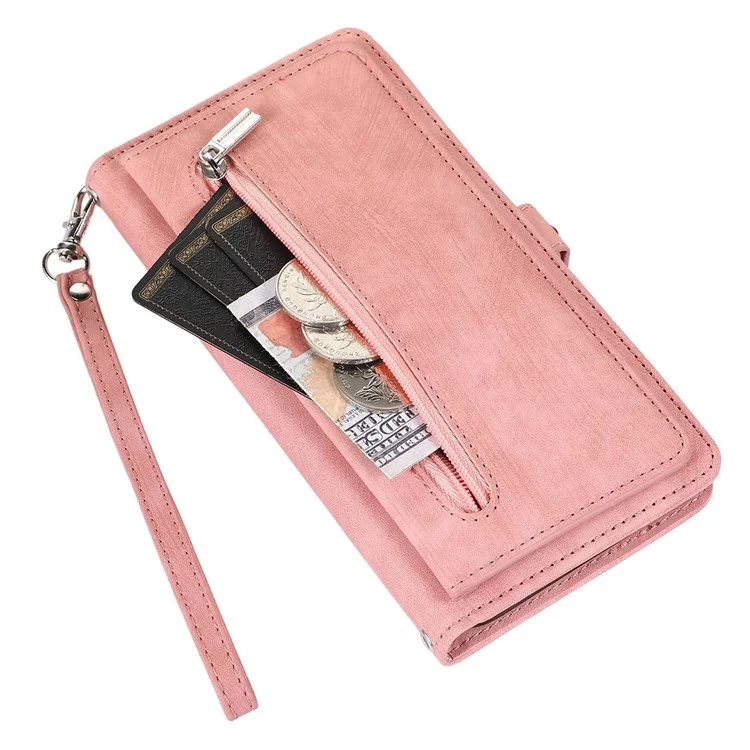 Für Iphone 13 Mini 5,4 Zoll PU Leder Brieftasche Hülle Multifunktional 9 Kartenschlitze Standschutzabdeckung Mit Reißverschluss in Tasche Und Handgelenksgurt - Roségold