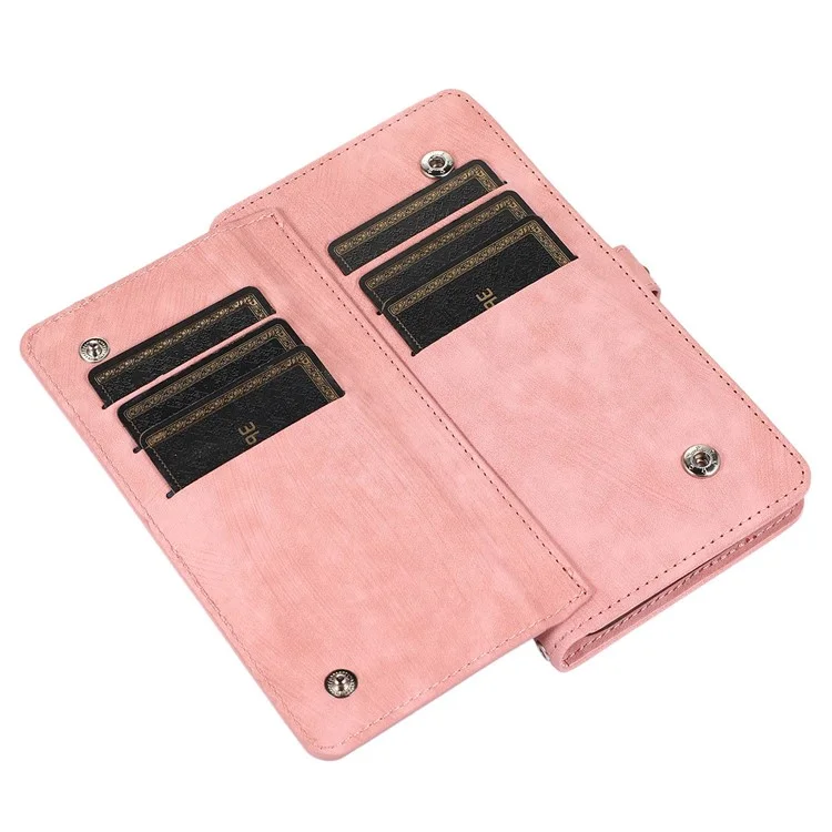 Für Iphone 13 Mini 5,4 Zoll PU Leder Brieftasche Hülle Multifunktional 9 Kartenschlitze Standschutzabdeckung Mit Reißverschluss in Tasche Und Handgelenksgurt - Roségold