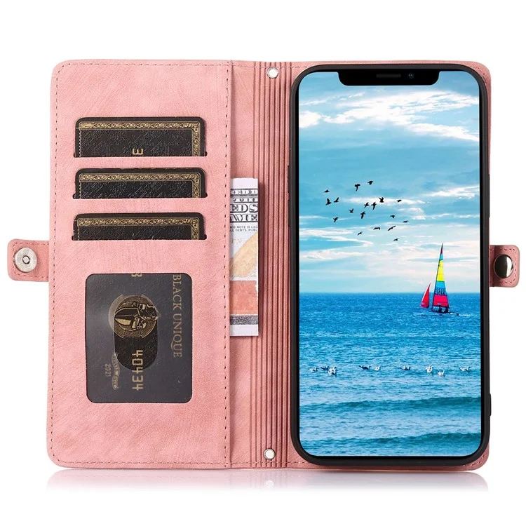 Для Iphone 12 6,1 Дюйма/12 Pro 6,1 Дюйма Shockper -надеженная Застежка на Молнии Телефона Case Wallet Case 9 Scard Slots pu Кожаная Крышка с Запястью - Розовое Золото