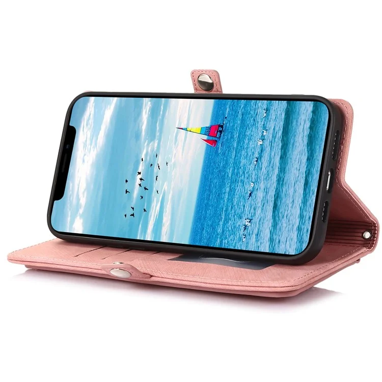 Для Iphone 12 6,1 Дюйма/12 Pro 6,1 Дюйма Shockper -надеженная Застежка на Молнии Телефона Case Wallet Case 9 Scard Slots pu Кожаная Крышка с Запястью - Розовое Золото