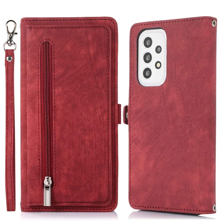 Pour Samsung Galaxy A53 5G Zipper Pocket Design PU Leather Wallet Case Multi-Functional 9 Card Slots Stand Protective Cover avec Sangle Poignet - Rouge
