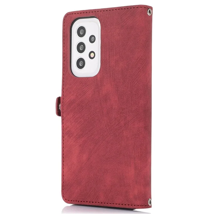 Pour Samsung Galaxy A53 5G Zipper Pocket Design PU Leather Wallet Case Multi-Functional 9 Card Slots Stand Protective Cover avec Sangle Poignet - Rouge